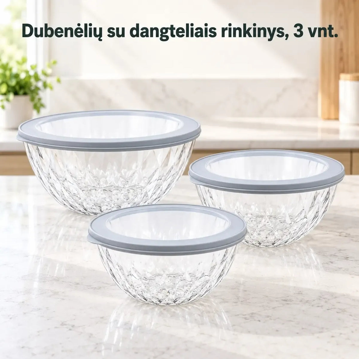 Plastikinių maisto laikymo indelių rinkinys su dangteliais, 3 vnt., skirti šaldymui ir saugojimui, patvarūs ir praktiški.