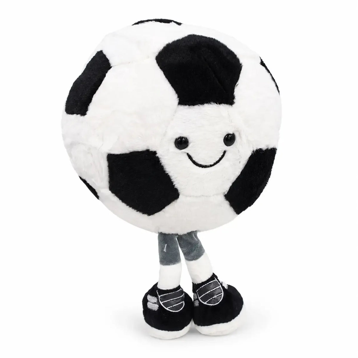 Pliušinis futbolo kamuolys su kojytėmis, žaismingas ir minkštas žaislas vaikams, raudonos ir juodos spalvos.