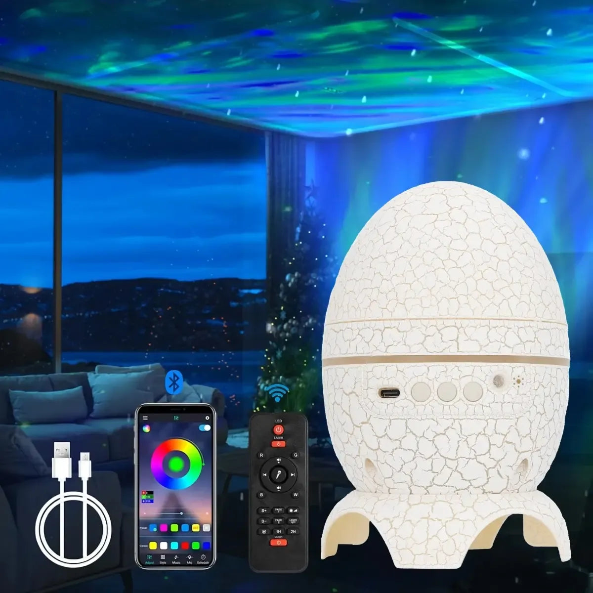 Dinozaurų formos Galaxy projektorius su Bluetooth kolonėle ir nuotolinio valdymo pultu, rodo šviesos ir vaizdo efektus.
