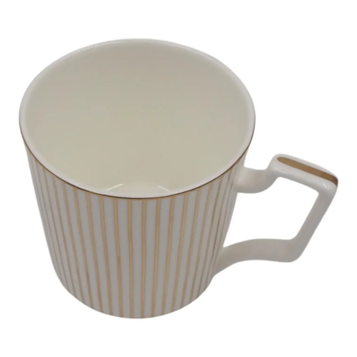 Porcelianinis 400 ml puodelis su auksinėmis linijomis, elegantiškas ir subtilus dizainas, puikiai tinka gėrimams.