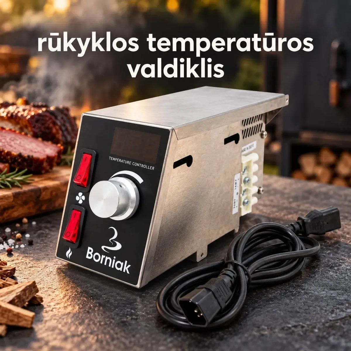 Rūkyklos temperatūros valdiklis Borniak su skaitmeniniu ekranu, matomi mygtukai ir ekranas, reguliuojama temperatūra.