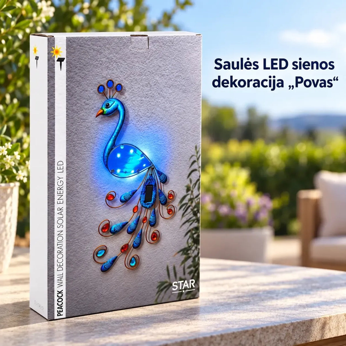 Sienos dekoracija „povas“ su saulės paneliu ir LED apšvietimu, dekoratyvus paukštis namų interjerui, modernus dizainas.