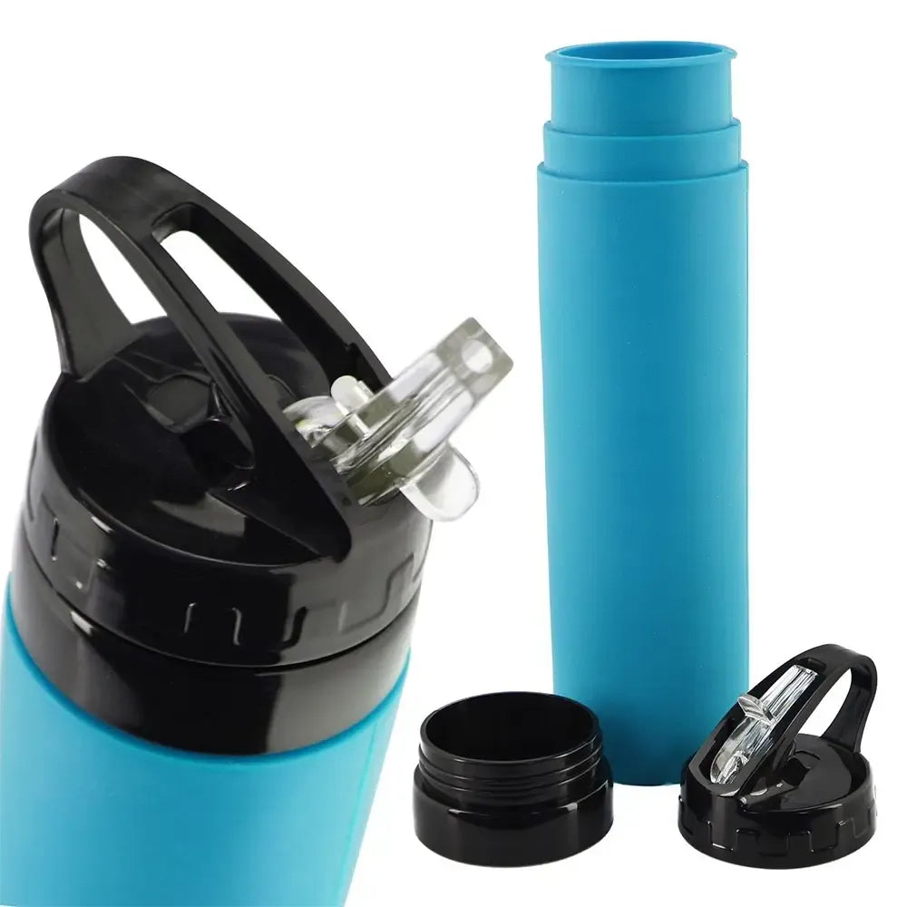 Sulankstoma juoda silikoninė gertuvė 600 ml, patogi ir lanksti gerti išsiliejimui ir laikymui.