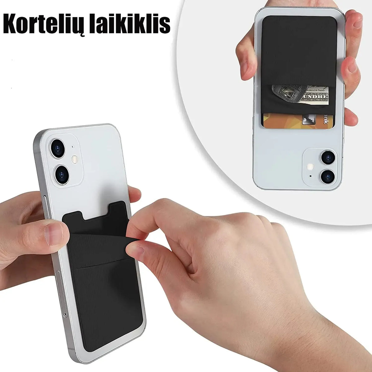 Silikoninis kortelių laikiklis telefonui, skaidrus, lankstus, su lipnia juosta, tinkamas kortelėms ir ID kortelėms laikyti.