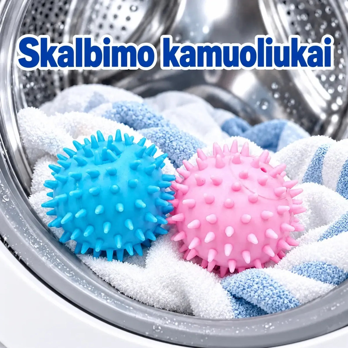 Du du skalbimo kamuoliukai plaukams ir pūkams, naudoti plaukų džiovinimui ir pūkų surinkimui, rankų darbo, baltos spalvos.