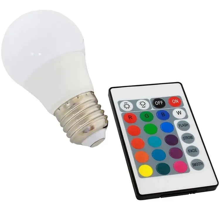 Spalvota RGB LED E27 lemputė su nuotolinio valdymo pulteliu, 10 W, šviečia įvairiomis spalvomis.