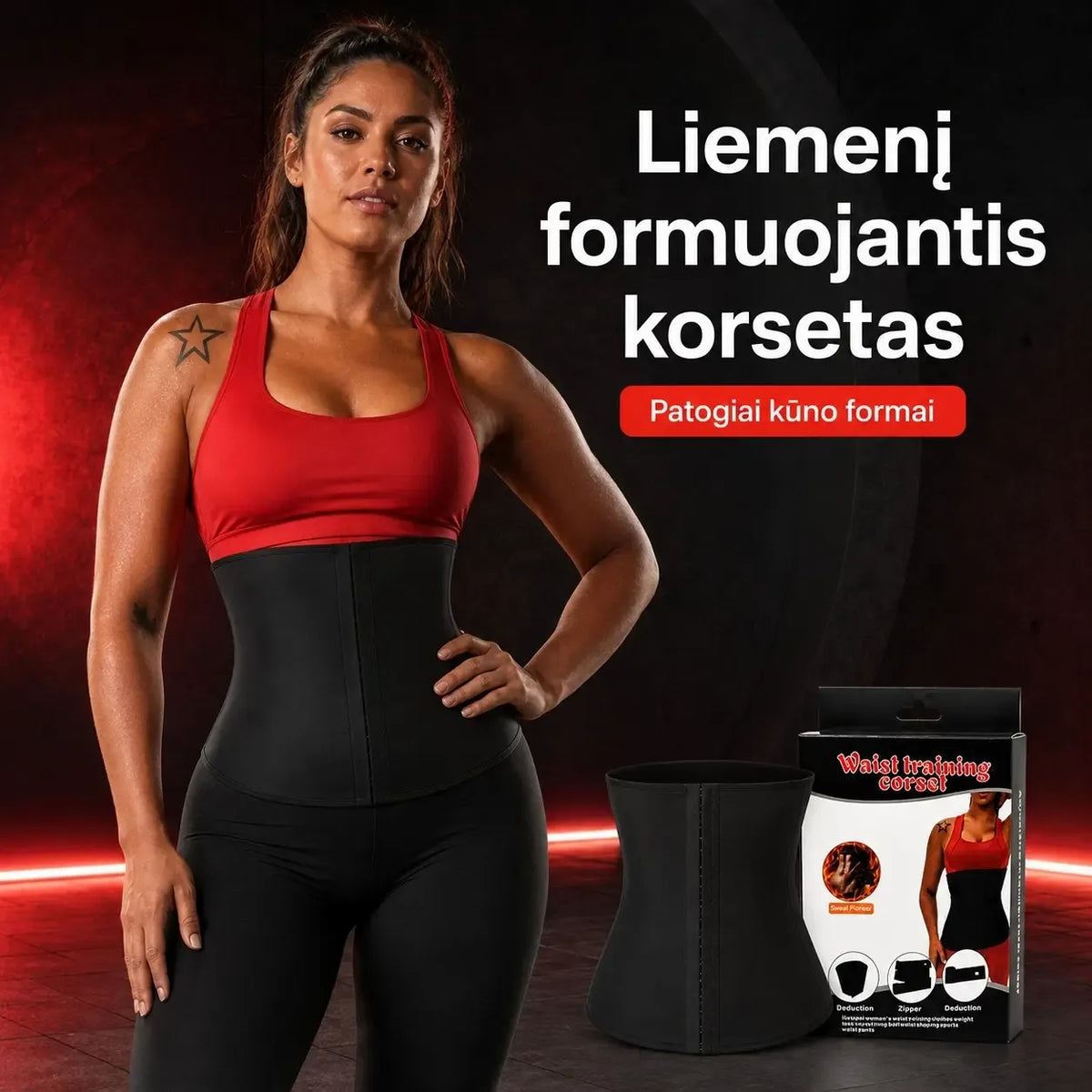 Sportinis liekninamasis juosmens korsetas „Waist Training Corset“, pagamintas iš tamprių medžiagų, siekiant formuoti taliją ir palaikyti treniruotes.