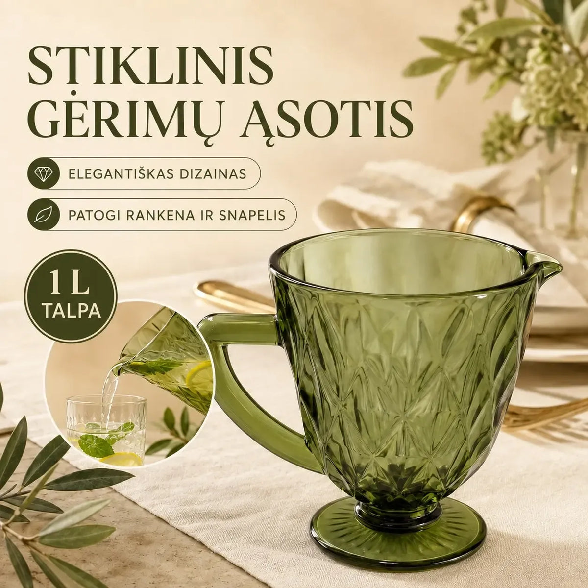 Žalio stiklinis ąsotis „Green“ 1 litro su rankena ir dangteliu, skirtas vaisiams ir gėrimams.