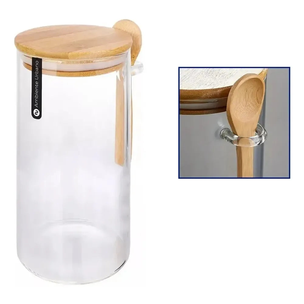 Stiklinis indas su bambukiniu dangteliu ir šaukšteliu, 1200 ml, maisto produktams, skaidrus ir patvarus.