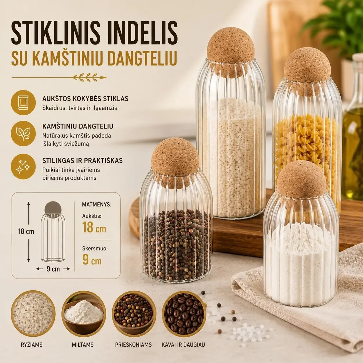 Stiklinis maisto saugojimo indas su kamštiniu dangteliu, 18 cm, atsparus maistui ir patvarus, idealiai laikyti maistą.