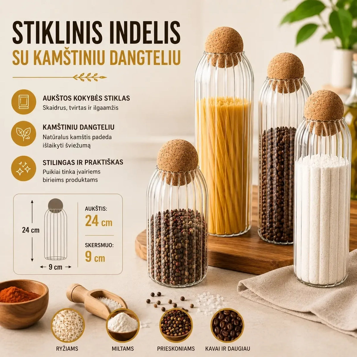 Stiklinis maisto saugojimo indas su kamštiniu dangteliu, 24 cm, aiškiai matomas ir tinkamas maisto laikymui.