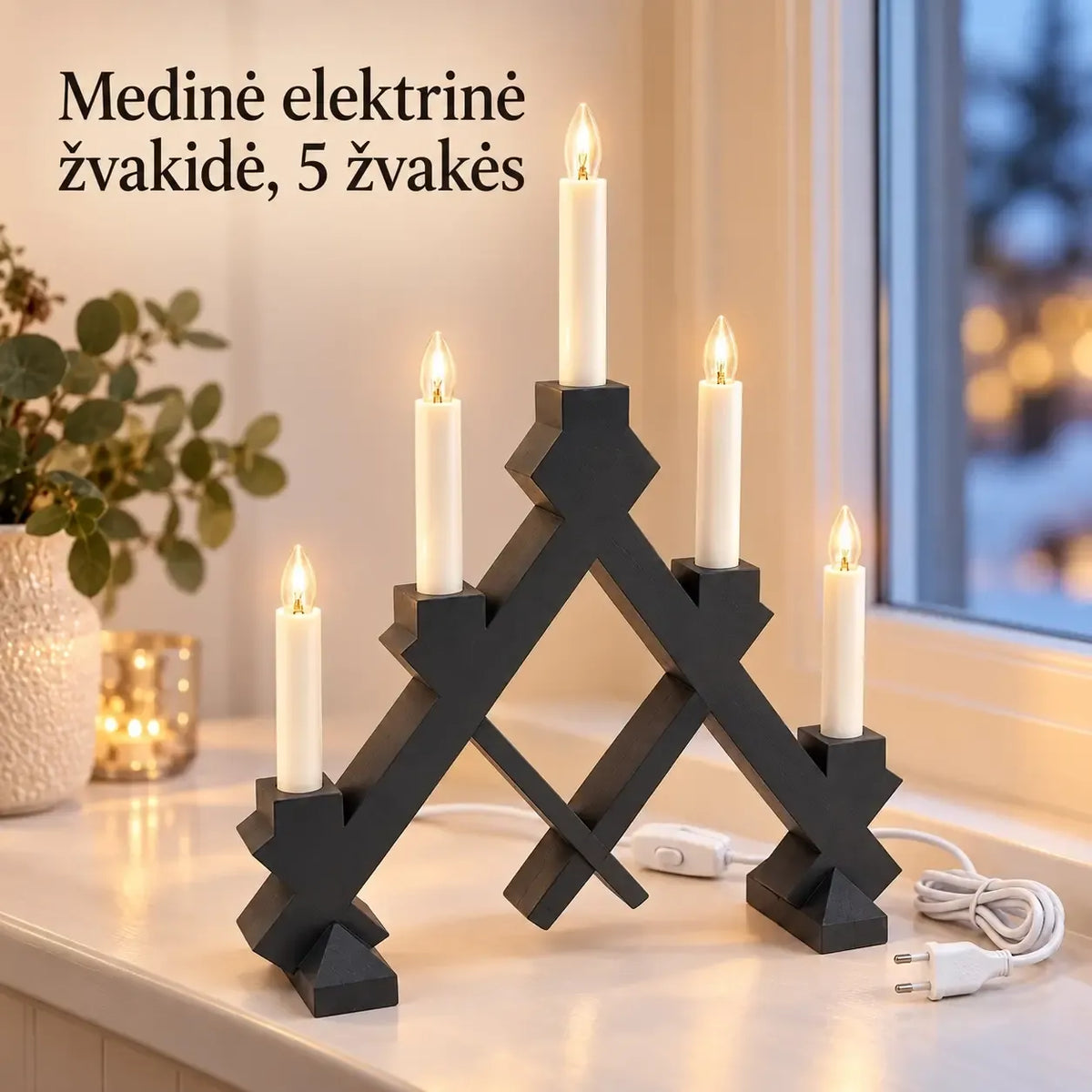 Tamsiai pilka medinė elektrinė žvakidė su penkiais žvakėmis, 40x30 cm, modernus ir elegantiškas namų apšvietimo sprendimas