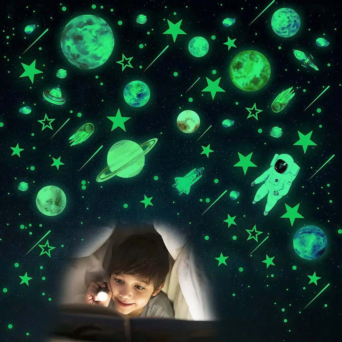 Tamsoje šviečiančios žvaigždės ir planetos dekoratyvinės lempelės vaikų kambariui, šviečia tamsoje ir kuria magišką atmosferą