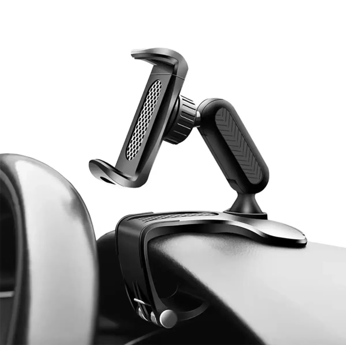 Universalus automobilinis telefono laikiklis prietaisų skydeliui, tvirtai laikantis išmanųjį telefoną automobilyje.