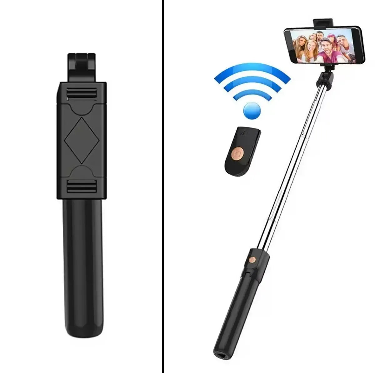 Universalus telefonų trikojis su Bluetooth nuotolinio valdymo pulteliu, tvirtas ir stabilus, tinkamas fotografijoms ir vaizdo įrašams.