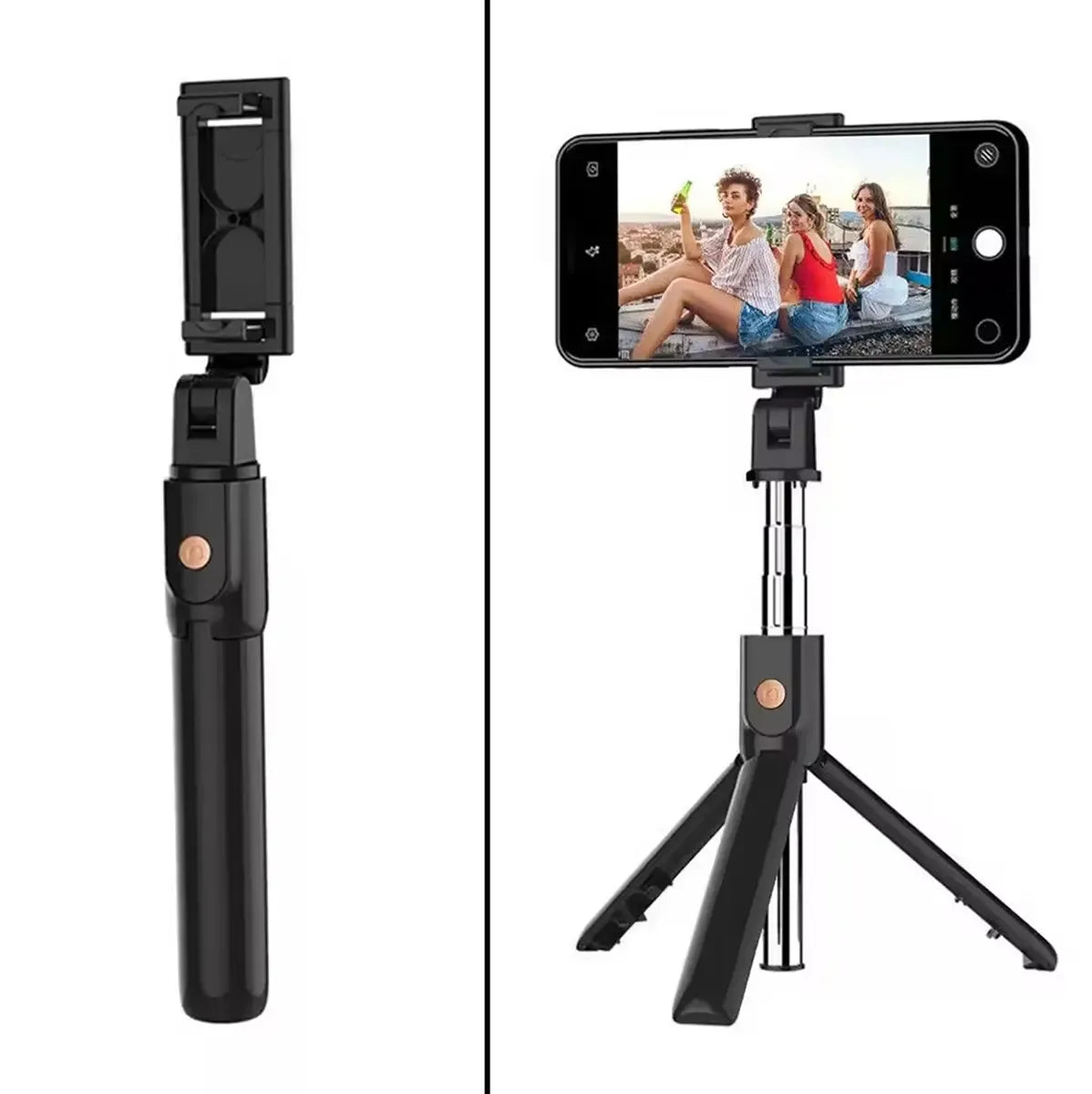 Universalus telefonų trikojis su Bluetooth nuotolinio valdymo pulteliu, stabilus ir lengvai reguliuojamas telefonui.