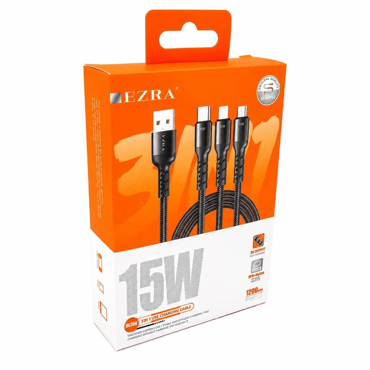 Universalus 3 viename įkrovimo laidas EZRA DC302, 15 W, tinkamas įvairiems įrenginiams, su skirtingais jungtimis.