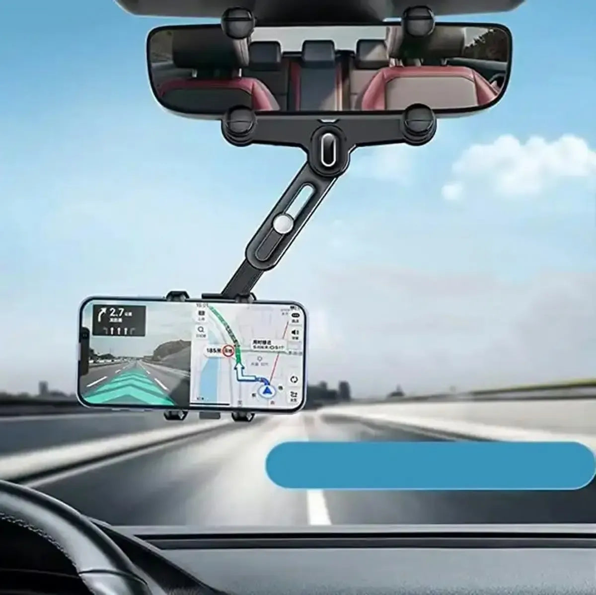 Automobilinis telefono ir planšetės laikiklis ant galinio vaizdo veidrodėlio, universalus automobilių priedas, patogus naudoti.