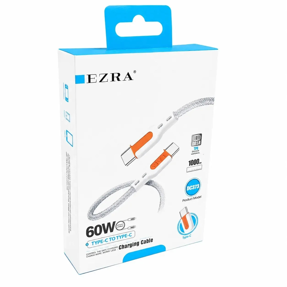 USB-C įkrovimo laidas Ezra DC373, 1 m, 60 W, greitas įkrovimas, tvirtas ir lankstus USB-C–USB-C kabelis.