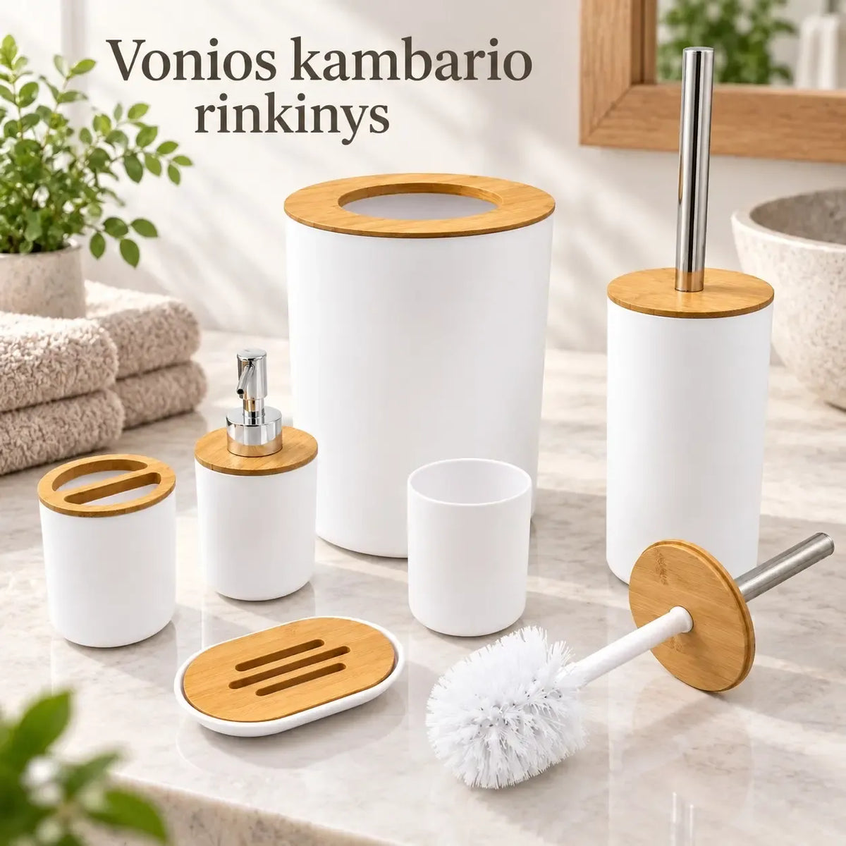 6 dalių vonios kambario aksesuarų rinkinys TR2363, baltos spalvos, su rankšluosčių laikikliu, muilo dozatoriumi ir kitais priedais.