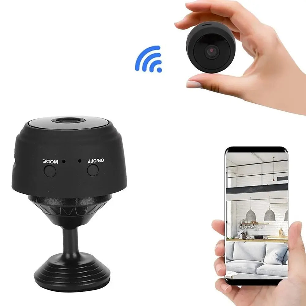 WiFi kamera su magnetu, skirta namų saugai, parodyta prijungta prie sienos, su objektyvu ir magnetiniu laikikliu.