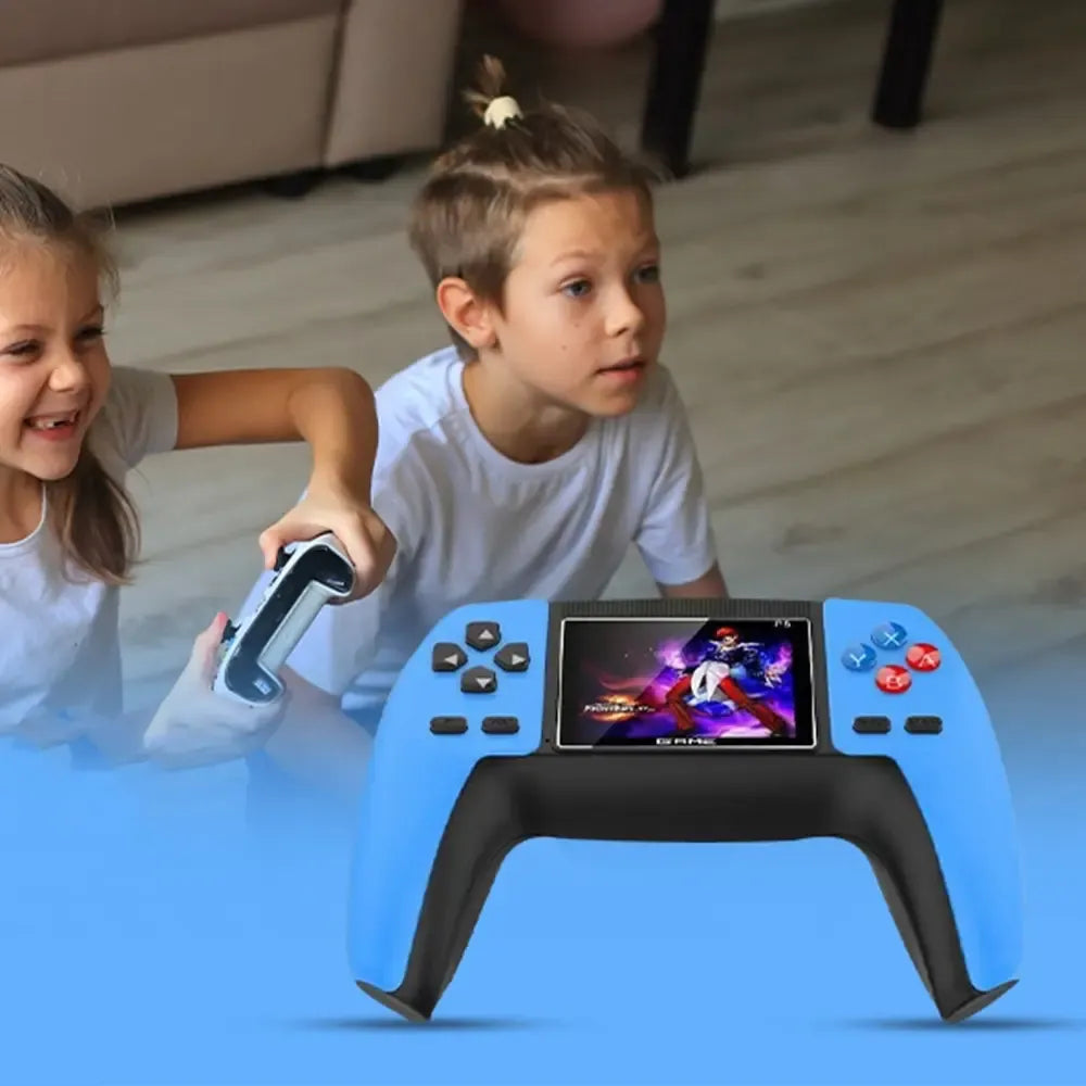 Nešiojama retro žaidimų konsolė P5 Game su 3 colių ekranu, rankinė žaidimų pultas ir spalvingas dizainas.