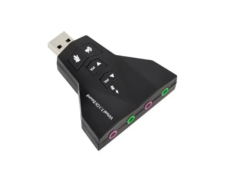 7.1 garso plokštė su USB ir AUX jungtimis, juodas kompaktiškas garso adapteris