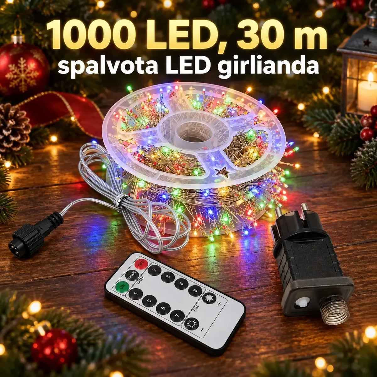 Spalvota LED girlianda su 1000 LED ilgiu 30 metrų, apšviečia patalpas ir kuria šventišką atmosferą.