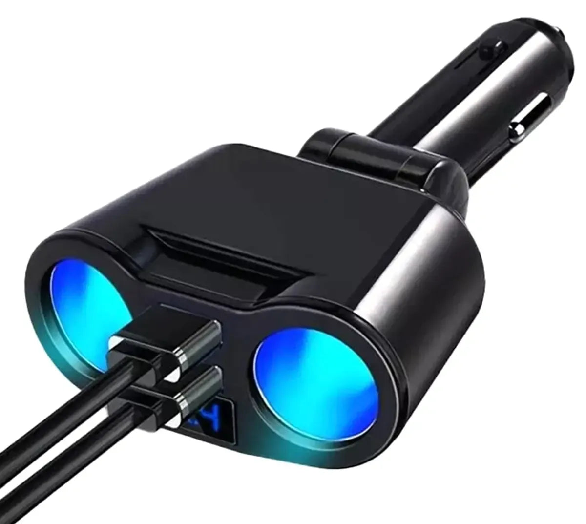 12V automobilinis cigarečių žiebtuvėlio skirstytuvas su USB lizdais ir voltmetru, juodas, kompaktiškas, universalus automobiliui.