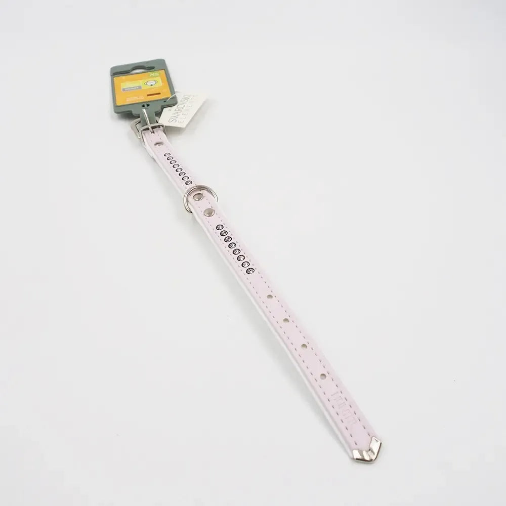 Rožinis odinis šuns antkaklis Hunter su Swarovski kristalais, 17–20,5 cm, elegantiškas ir blizgus šuns aksesuaras