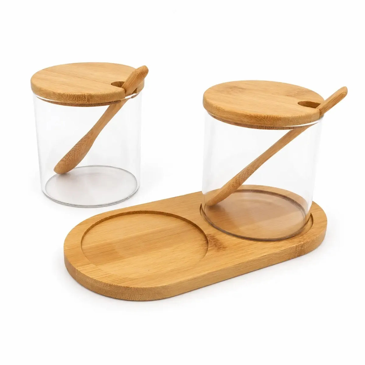 Dvigubo stiklinio indelio su dangteliais rinkinys, kiekvienas 320 ml, patogus maisto laikymui ir sandėliavimui.