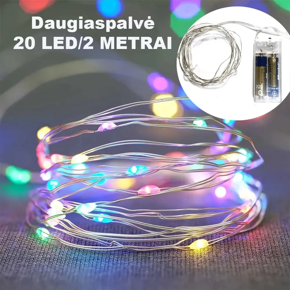 Spalvota 20 LED girlianda su AA baterijomis, šviesus ir dekoratyvus apšvietimas interjerui ar renginiams.