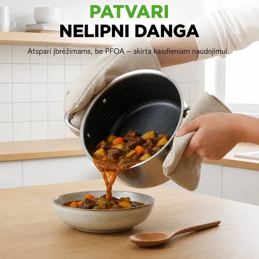 Nerūdijančio plieno puodas OSFÉ Tri-Ply, 26 cm, 7 litrų su dangčiu, virtuvės reikmenys, aukštos kokybės, patvarus.