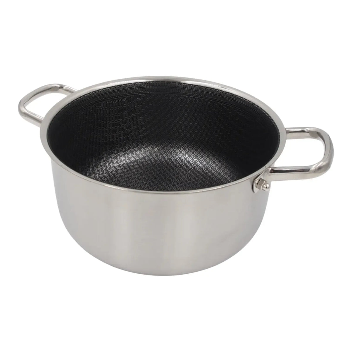 28 cm nerūdijančio plieno puodas OSFÉ Tri-Ply su dangčiu, 8 litrų talpos, virtuvės įrankis maisto gaminimui.