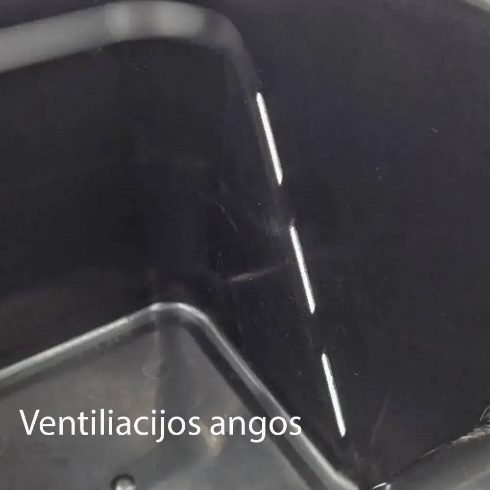 Trijų daržovių laikymo kibirėlių rinkinys, pagamintas iš plastiko, su rankenomis ir dangteliais, skirtas šviežių daržovių laikymui.