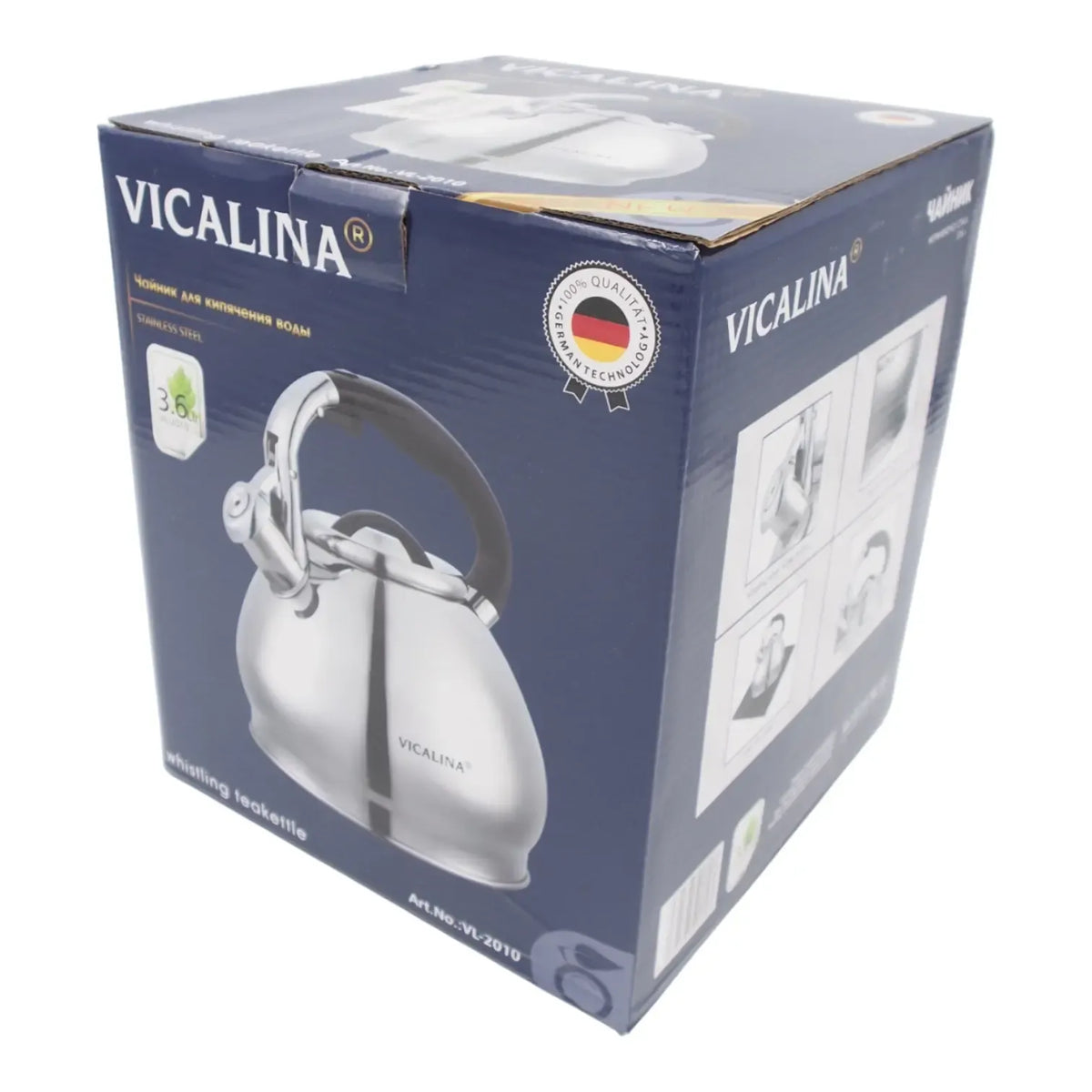 Nerūdijančio plieno VICALINA 3,6 l virdulys su švilpuku, su rankena ir dangčiu, skirtas virti vandenį.