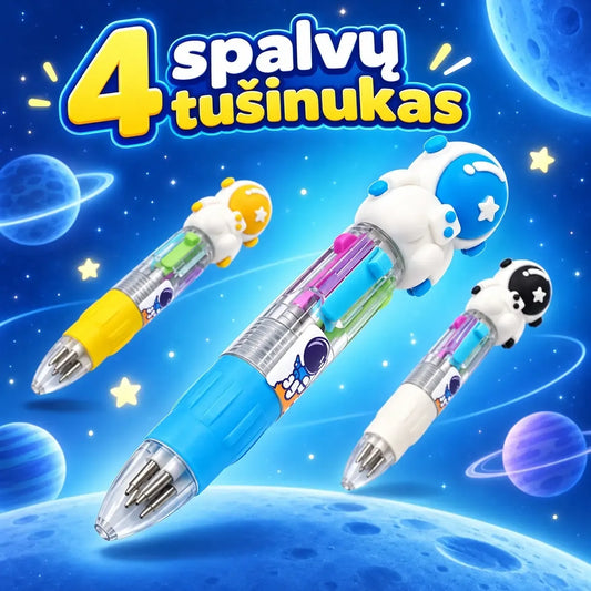 Keturių spalvų rašiklis su kosmonauto dekoracija, plastikinis tušinukas vaikams ir mokyklai, spalvoti rašymo patogumui.