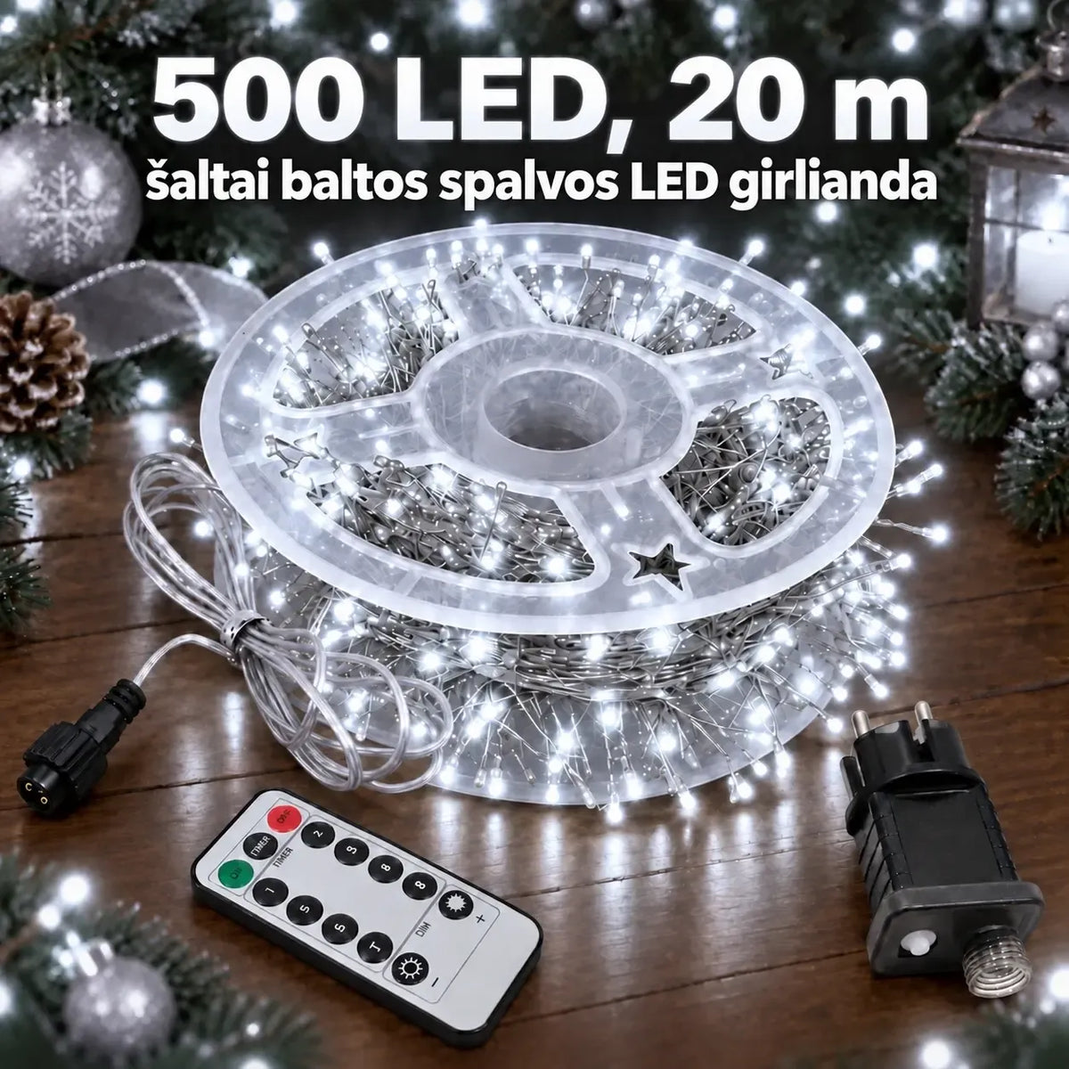 20 m ilga šaltai balta LED girlianda su 500 LED lempučių, skirta apšvietimui ir dekoracijoms.