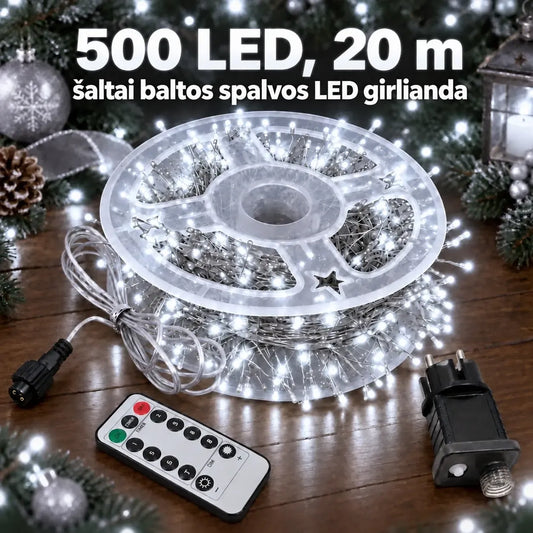 20 m ilga šaltai balta LED girlianda su 500 LED lempučių, skirta apšvietimui ir dekoracijoms.