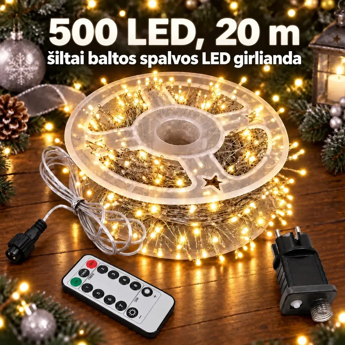 20 m ilgio šilta balta LED girlianda su 500 LED diodų ir nuotolinio valdymo pultu, dekoratyvinė apšvietimo priemonė.