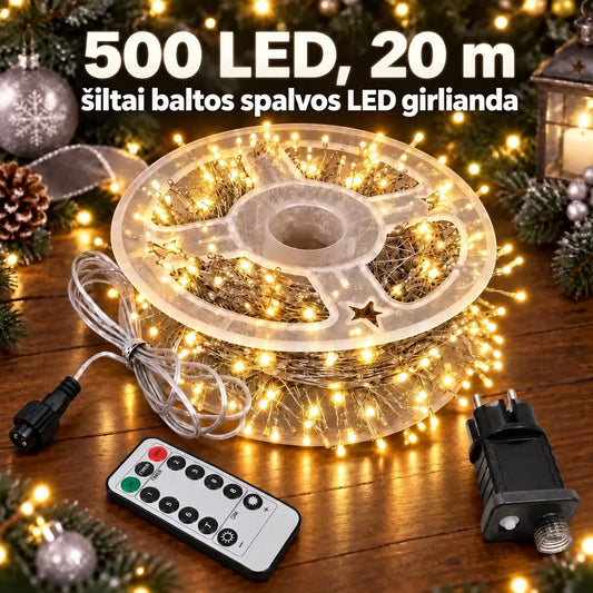 20 m ilgio šilta balta LED girlianda su 500 LED diodų ir nuotolinio valdymo pultu, dekoratyvinė apšvietimo priemonė.