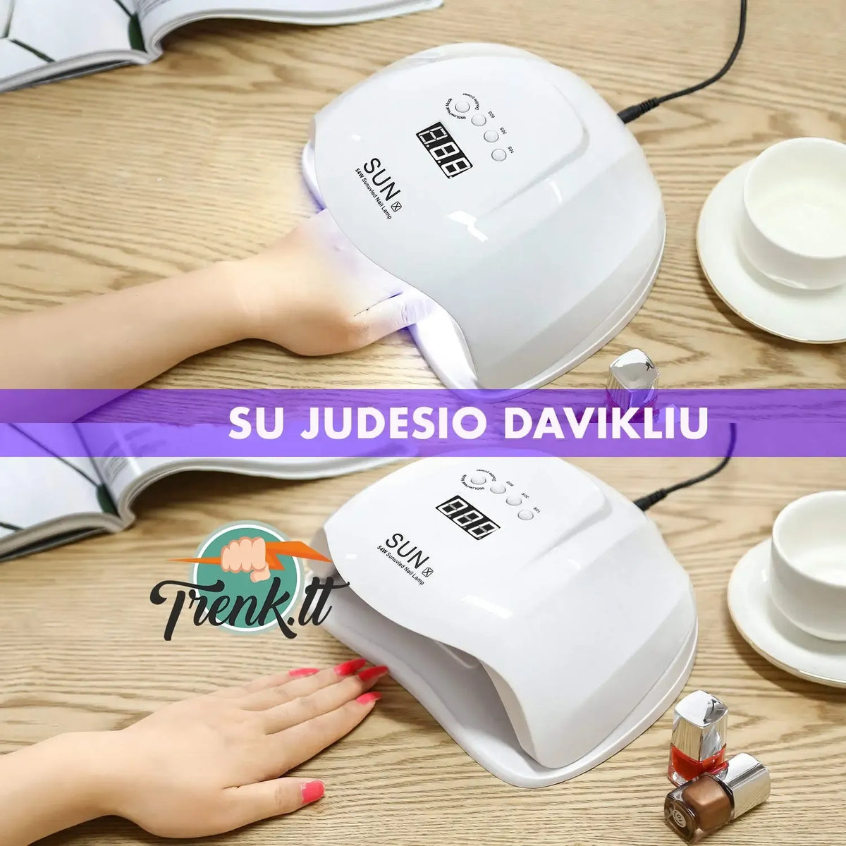 Hibridinė UV/LED nagų lempa SUN 54W, skirta profesionaliam manikiūrui, su plačia apšvietimo zona ir patogiu valdymu.