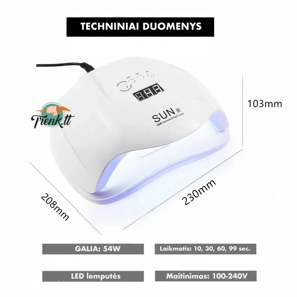 Hibridinė UV/LED nagų lempa SUN 54W, skirta profesionaliam manikiūrui, su moderniu dizainu ir aukštu veikimo efektyvumu.