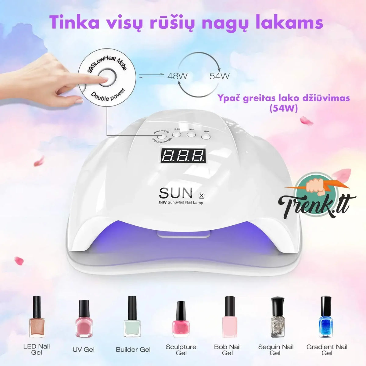 Hibridinė UV/LED nagų lempa SUN 54W, skirta profesionaliam manikiūrui, su šviesos diodais ir UV funkcija.