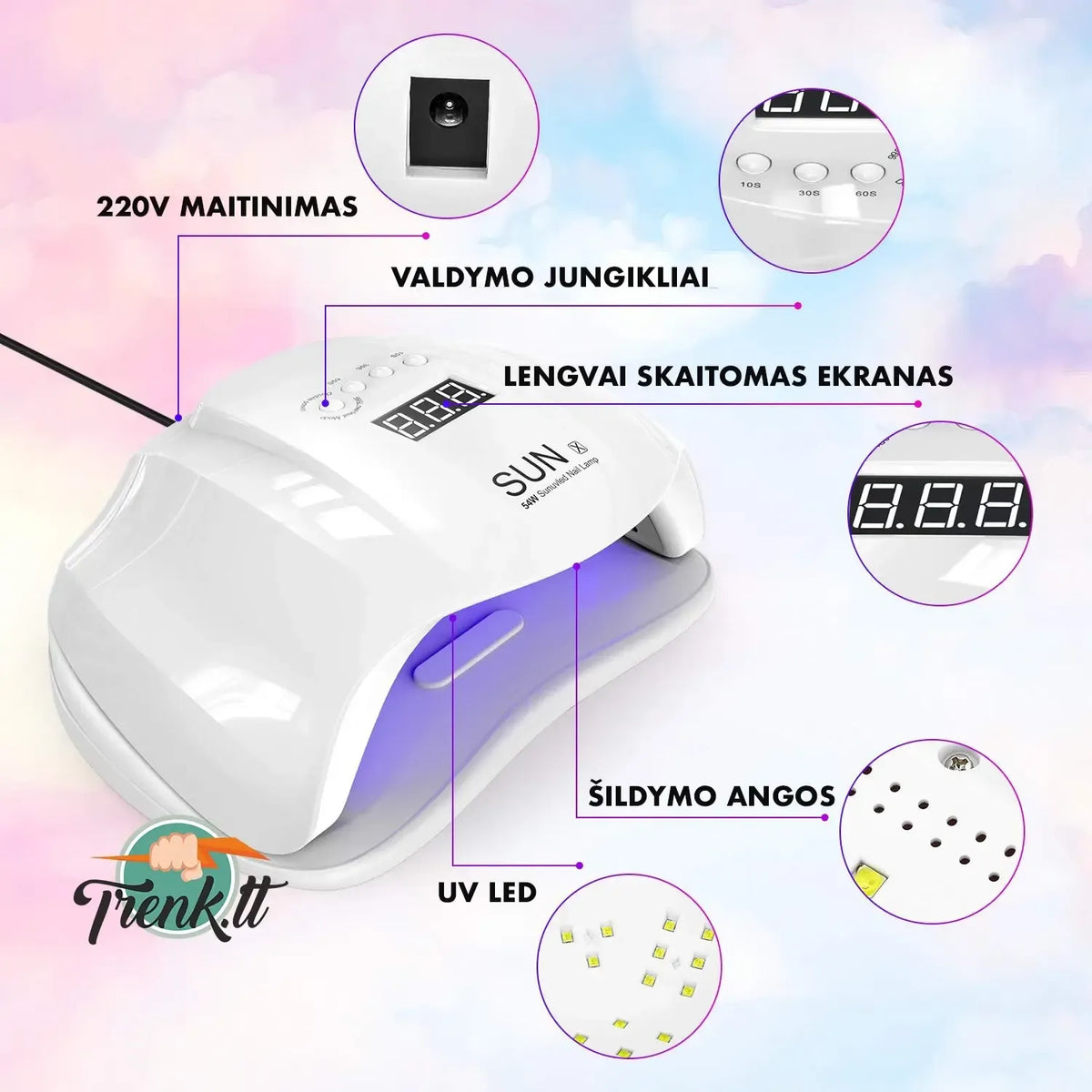 Ultravioletinė ir LED nagų lempa SUN 54W hibridinė, skirta profesionaliam manikiūrui, matoma su apšvietimu ir mygtukais.