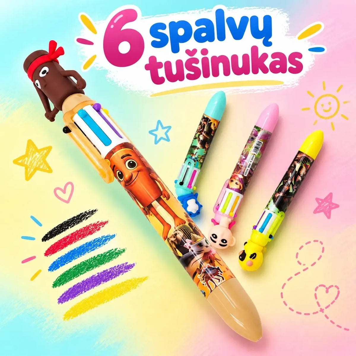 6 spalvų tušinukas su „Brain Rot“ figūrėle, rašymo priemonė su spalvingais patarimais ir įdomia figūra.