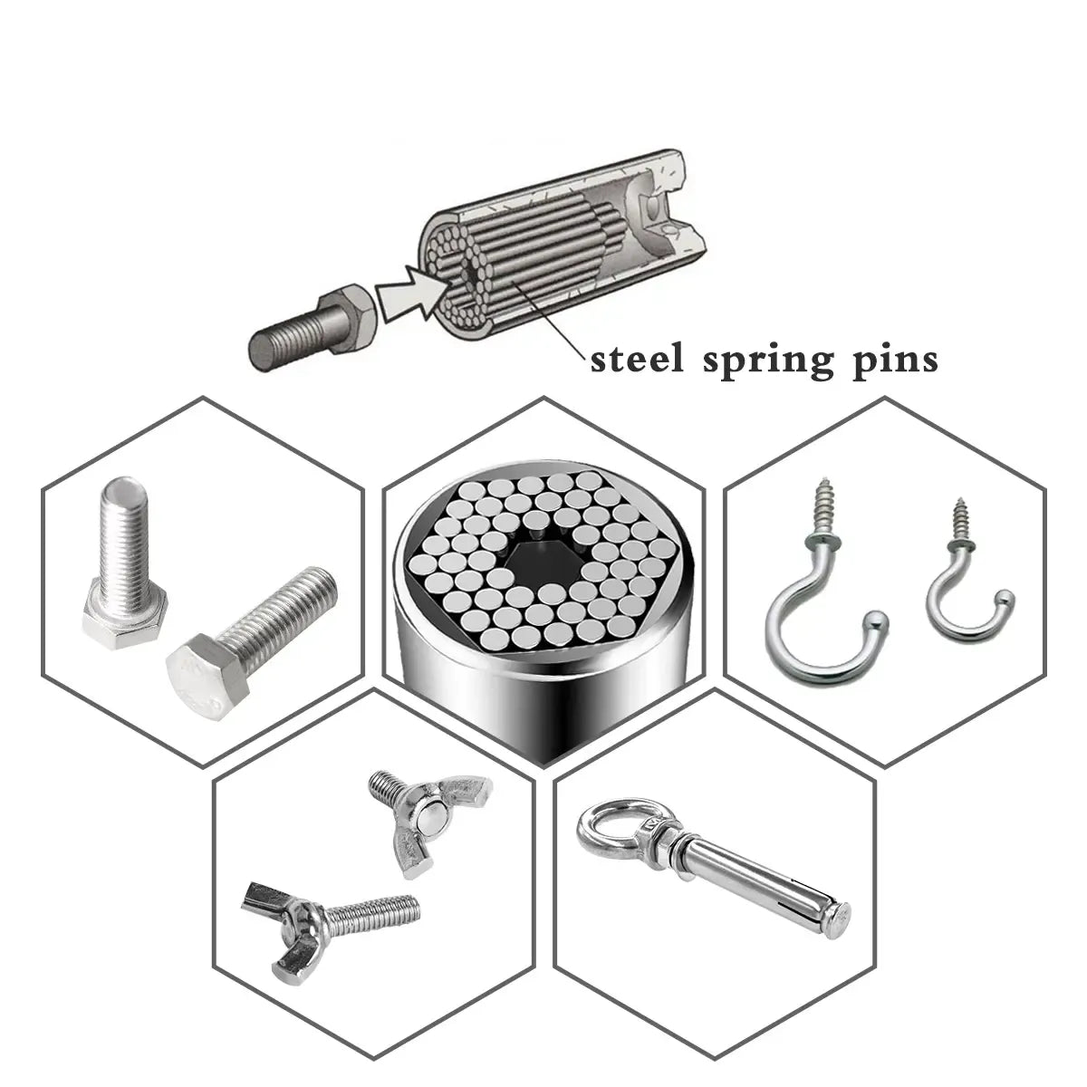 Universali 7-19mm galvutė su adapteriu ir raktu, skirta mechaninėms ir elektrinėms įrankiams, matoma iš arti.