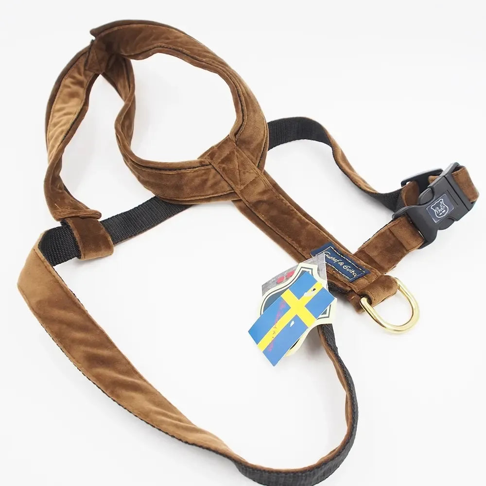 Rudos veliūrinės šunų petnešos Gustaf & Evita, 50/90 cm ilgio, minkšta ir patogi naminiams gyvūnams.