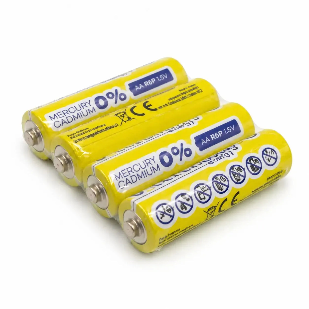 Keturių AA baterijų R6P, 1,5 V, metalinės baterijos įvaizdis, skirtos įvairiems elektronikos prietaisams.