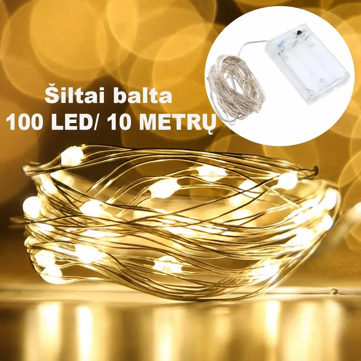 USB LED girlianda su 100 šiltai balta LED diodų, 10 metrų ilgio dekoratyvinė apšvietimo ilga girlianda